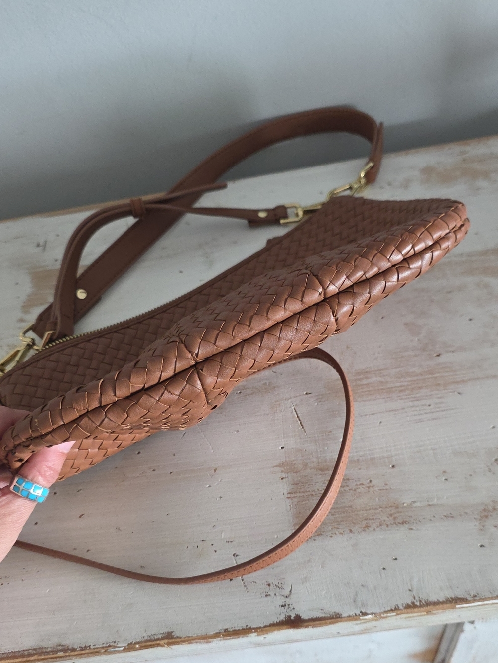 Quince Italian Handwoven Leather Mini Shoulder Bag In Cognac - Picture 9 of 16